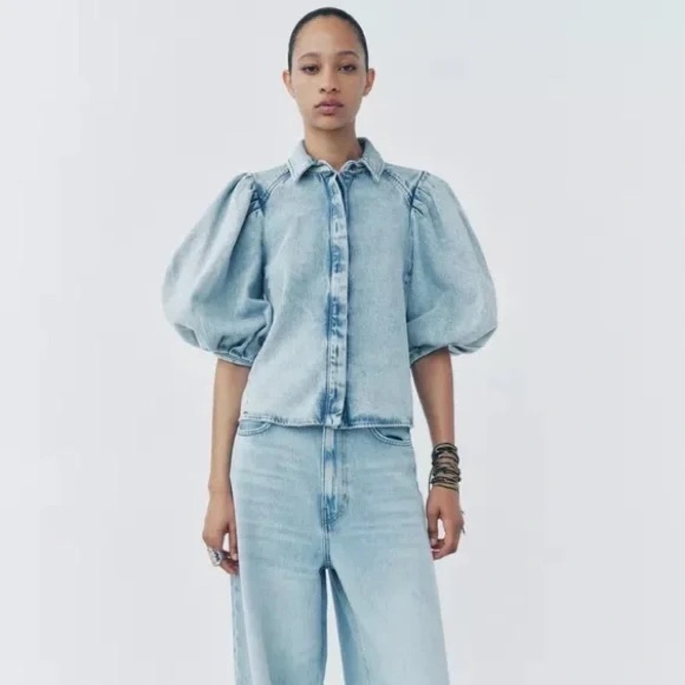 Zara NWT Light Blue Cotton Blend Denim Lapel Collar Puff Sleeve Blouse (Small) - Picture 4 of 8